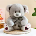 Grey plush teddy bear toy with houndstooth bow tie cute soft doll for kids birthday gift - Grey Ribbon Style / 32cm