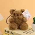 Cute brown teddy bear plush toy keychain, fluffy animal pendant bag charm for women and kids. - Dark Brown