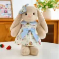 Bonito peluche de conejo de orejas largas con vestido floral y lazo azul, regalo ideal para niñas. - Vestido Azul Canguro Conejo Caqui