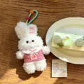 Fluffy white rabbit plush pendant keychain with red dress, cute soft toy bag charm. - White Rabbit Clothes Style
