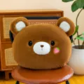 Cute brown bear plush pillow with strawberry pattern, soft stuffed animal chair cushion for kids. - Bear Pillow