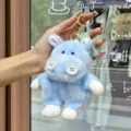 Cute blue plush toy keychain with button eyes, soft stuffed bean bag doll pendant for bags. - 16cm (With Beads) / Button Series - Hippo