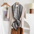 Silk wool blend double-sided ribbon scarf fashion luxury style elegant neckerchief - Black White Moon Star Floral