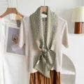Silk wool blend double-layer ribbon scarf, elegant geometric print neckerchief detail. - Yellow Green Fretwork