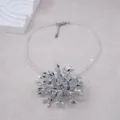 Elegant crystal flower pendant statement necklace with clear beaded chain for women fashion. - Silver