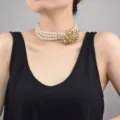 Multi-layer faux pearl choker necklace with gold spiky ball pendant for evening party women. - Multicolor