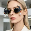 Exaggerated vintage round sunglasses with swallow and pearl pendants for fashion women. - 01