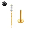 F136 titanium body piercing jewelry featuring triple cz stones and chain tassel labret stud. - Top Only (Without Post) / Chain Gold White