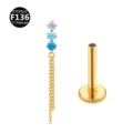 F136 titanium labret piercing stud with three cubic zirconia stones and tassel chain design. - Top Only (Without Post) / Chain Gold Sea Blue Gradient
