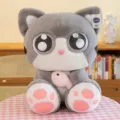 Cute grey big-eyed cat plush toy holding a small fish soft doll pillow for kids gift. - Cat / 23cm