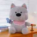 Cute grey puppy plush toy with plaid bib and butterfly, soft stuffed animal gift for kids. - Red Scarf Style / 30cm
