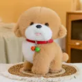 Cute plush puppy toy simulation teddy dog doll with red collar and bells for kids gift - 24cm / Brown