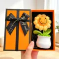 Handgemachte Häkel-Sonnenblume Topfpflanze Geschenkbox Heimdekoration gestrickte Blume - Gelbe Sonnenblume + Orange Geschenkbox