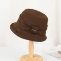 Brown woolen bucket hat detail, vintage pleated design with metal fashion decor for women - Adjustable / Coffee