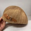 Brown knitted beret for women vintage newsboy hat with leather buckle painter hat autumn winter - Camel