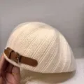 Knitted beret for women autumn winter vintage baker boy hat with leather buckle chic style - Off White