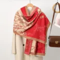 Gemütlicher Herbst Winter Kaschmirimitat Jacquard Schal rot beige Blumen Muster Schal - Rot