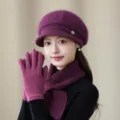 Winter women wool knitted beret hat scarf gloves set purple warm detail closeup display - Hat Only / Dark Skin Red