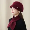 Women's wine red wool knit beret hat and scarf set, warm vintage newsboy cap for winter. - Hat Only / Burgundy