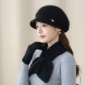 Detailed close-up of a stylish black wool knit beret and scarf set, highlighting elegant texture. - Hat Only / Black