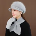 Chic grey wool knitted beret hat and matching scarf set, elegant winter warm headwear. - Hat Only / Gray