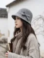 Audrey Hepburn style wool felt bucket hat for women, vintage bow, elegant French look. - Gray