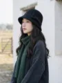 Elegant black wool bucket hat for women, stylish vintage bow design for autumn winter. - Black