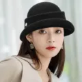 Elegant black knit bucket hat for women, stylish autumn winter warm cloche hat fashion. - One Size / Black With S-Logo Rolled Edge