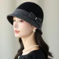 Chapeau cloche en laine d'hiver pour femmes seau rétro élégant chapeau noir avec nœud à carreaux - Noir