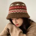 Close-up detail of cozy knit bucket hat with vintage Nordic pattern, warm autumn winter style. - One Size / Coffee Jacquard
