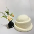 Women's winter faux rabbit hair knitted bucket hat solid color roll-up fisherman hat - Off White