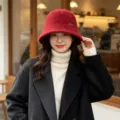 Women winter knitted bucket hat warm woolen basin hat elegant casual outdoor lady hat stylish - One Size / Wine Red With Handmade Label
