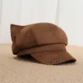 Brown Suede Cat Ear Newsboy Hat Cute Octagonal Beret Cap Variant for Women Sweet Cool Style - One Size 55-57cm / Caramel Three-Hole Cat Ear