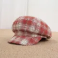 Red and white plaid newsboy cap for women, retro octagonal hat, sweet and stylish design. - One Size 55-57cm / Red Distressed Plaid