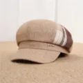 Retro Japanese newsboy cap for women, brown tweed octagonal hat with plaid and velvet details. - One Size 55-57cm / Khaki Woolen Patchwork