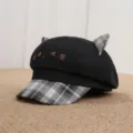Japanese vintage cute cat ears beret hat black plaid newsboy cap for women sweet cool style sun hat - One Size 55-57cm / Black Emoji Plaid Patchwork