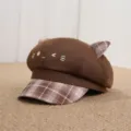 Brown plaid cat ear beret hat for women, cute vintage newsboy cap, stylish daily headwear. - One Size 55-57cm / Coffee Emoji Plaid Patchwork