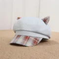 Japanese retro cute cat ear beret women sweet cool sun protection stylish newsboy hat blue - One Size 55-57cm / Blue Emoji Plaid Patchwork