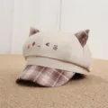 Japanese vintage cute cat ear beret cap for women, sweet and cool style newsboy hat. - One Size 55-57cm / Beige Emoji Plaid Patchwork