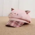 Pink cat ear beret hat with sweet plaid brim and cute embroidered face for daily wear. - One Size 55-57cm / Pink Emoji Plaid Patchwork