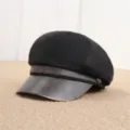 Classic black newsboy cap for women with distressed brown leather brim, retro autumn style hat. - Adult Free Size (55-57cm) / Black