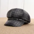 Grey plaid newsboy cap for women, vintage autumn hat with PU leather strap and metal buckle. - Adult Free Size (55-57cm) / Black Plaid Return Buckle