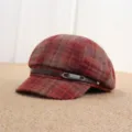Retro plaid newsboy cap for women, autumn fashion octagonal hat with PU leather buckle strap. - Adult Free Size (55-57cm) / Red Plaid Return Buckle