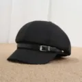 Black newsboy cap women retro octagonal hat with buckle strap stylish vintage painter hat - Adult Free Size (55-57cm) / Black Plain Leather Strap