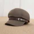 Brown baker boy hat with leather strap and metal buckle, stylish retro autumn women cap. - Adult Free Size (55-57cm) / Coffee Plain Leather Strap