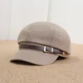 Vintage khaki newsboy cap for women, stylish baker boy hat with leather strap and metal buckle. - Adult Free Size (55-57cm) / Khaki Plain Leather Strap