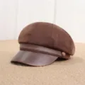 Retro brown women newsboy cap, suede and PU leather patchwork painter hat for autumn. - Adult Free Size (55-57cm) / Brown