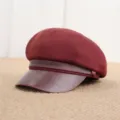 Burgundy newsboy cap for women, retro PU leather brim octagonal hat, casual fashion stylish - Adult Free Size (55-57cm) / Red