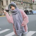 Faux rabbit fur hooded scarf hat gloves three-piece set winter warm grey pink fleece - Gray