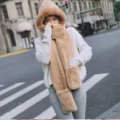 Camel faux rabbit fur hooded scarf three-piece set, winter warm thick neck warmer and gloves. - Coffee